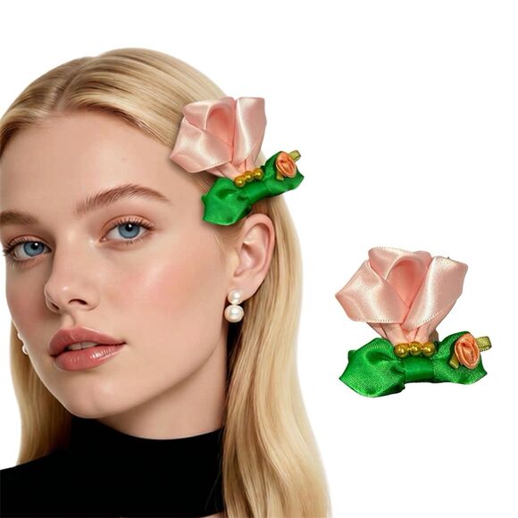 Unbranded Jewelry - Handmade Satin Rose Hair Clip Pink Flower Green Bow Romantic Cottagecore 2.5 In